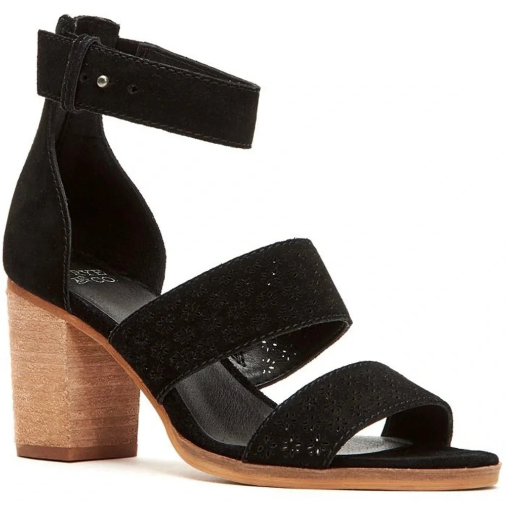 NIB Frye & Co. Bryn Ankle Strap Black Perforated Leather City Sandal Heels 8M - Picture 12 of 12